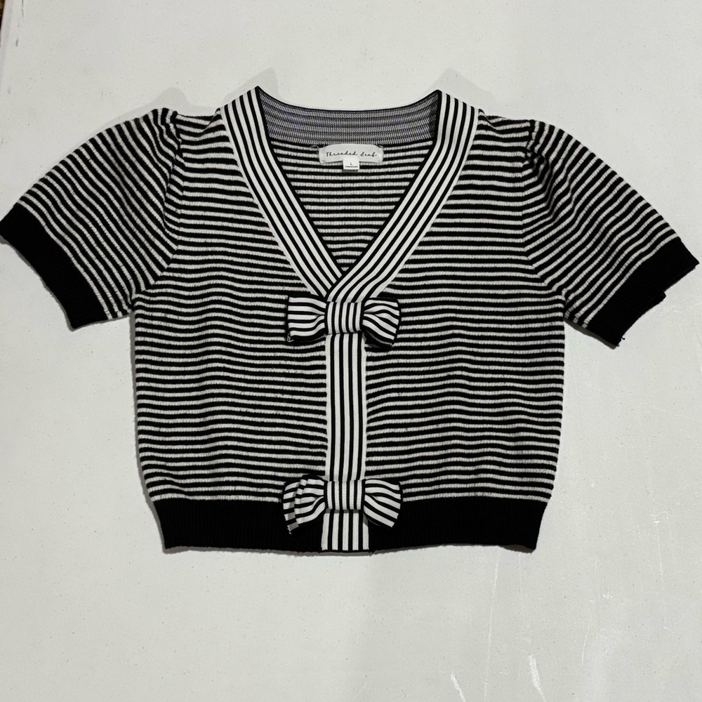 Striped Short Sleeve Sweater, Bow Detail, Black & White, Woman’s Large